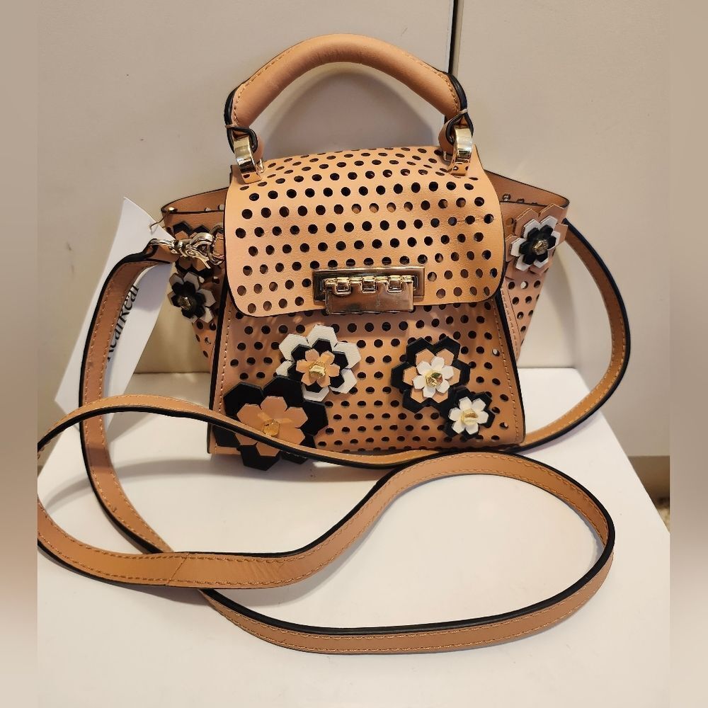 NWT ZAC Zac Posen "Eartha" Tan Perforated Appliqued Leather Crossbody Bag $415